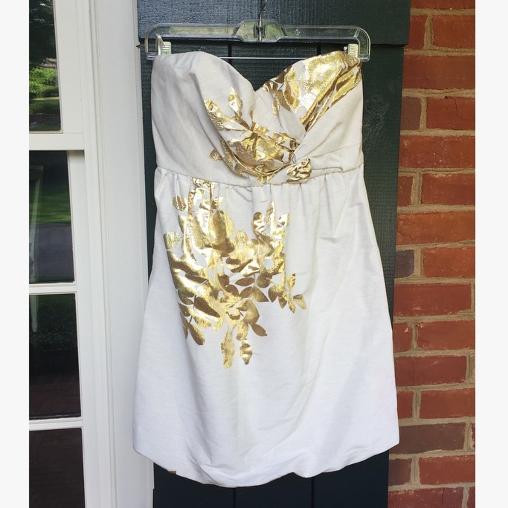 Tibi Gold Thread Floral Beige Strapless Dress