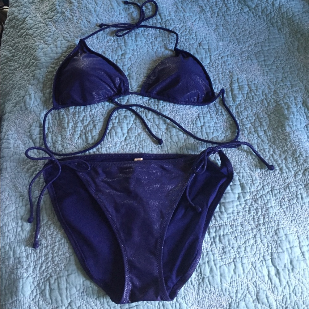 AEO Triangle String Bikini Metallic Navy