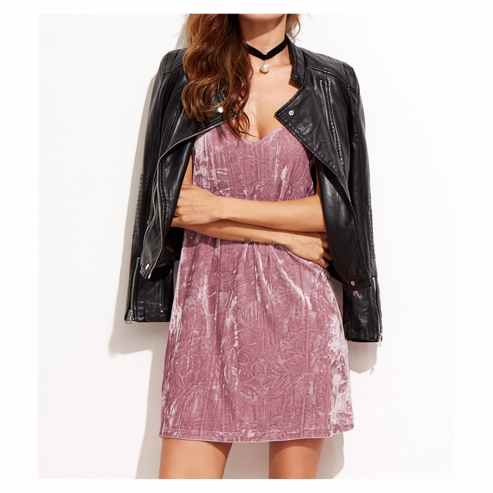 ⚡️⚡️CLEARANCE Pink Slip Velvet Shift Mini Dress - Picture 2 of 7