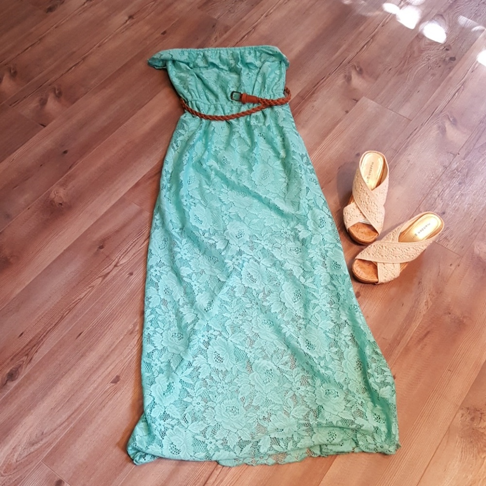 Long Turquoise Lace summer dress with brown belt