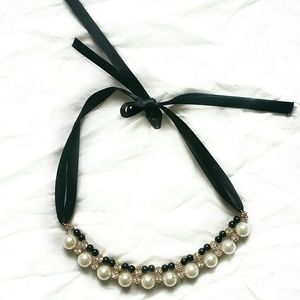 Womens Pearl Necklace with Silk ribbon tie