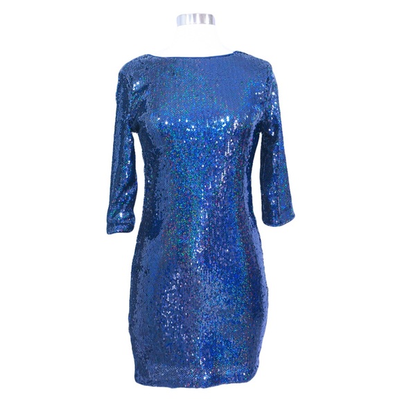 Blue Iridescent 3/4 Sleeve Bodycon Sequin Dress - Picture 5 of 7