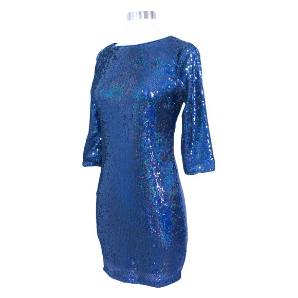 Blue Iridescent 3/4 Sleeve Bodycon Sequin Dress - Picture 6 of 7