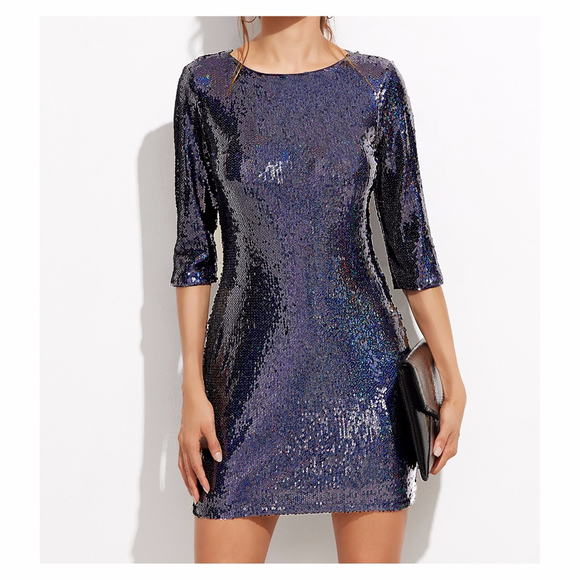 Blue Iridescent 3/4 Sleeve Bodycon Sequin Dress - Picture 2 of 7