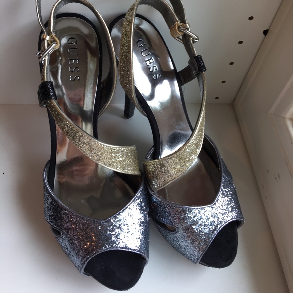 Gold, Dark Gray, and Black Sequin Guess Heels
