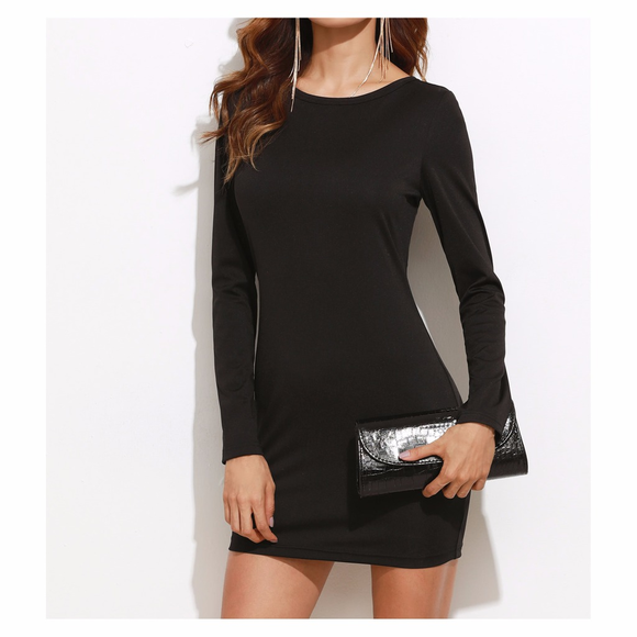 ^ Black Long Sleeve Lace Up Back Bodycon Dress - Picture 3 of 7