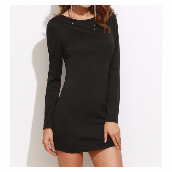 ^ Black Long Sleeve Lace Up Back Bodycon Dress - Picture 2 of 7
