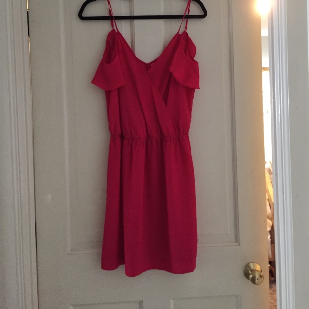 Magenta dress with off the shoulder detail