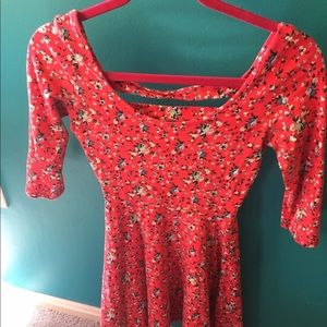 red flowing dress with flowers