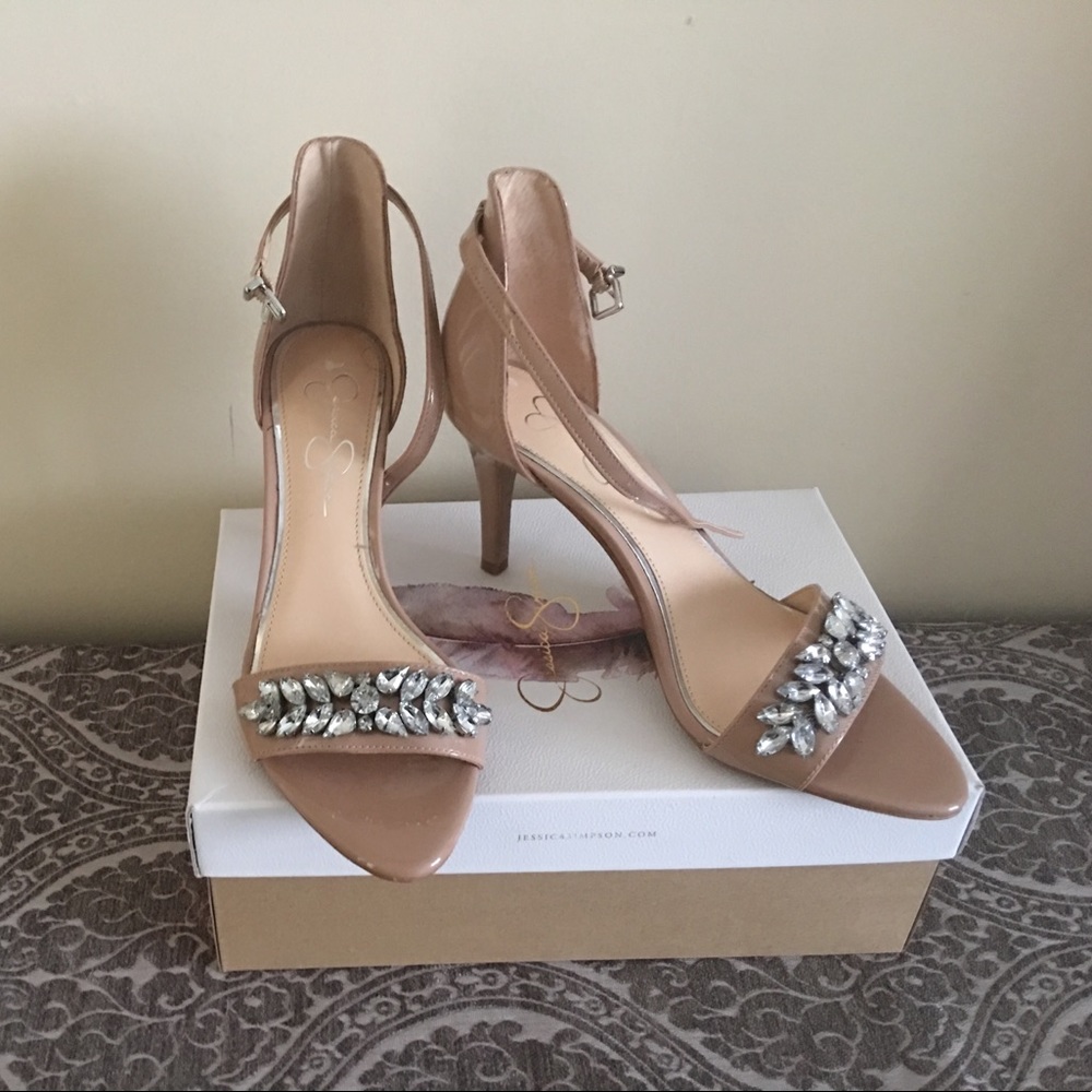 Nude patent leather Jessica Simpson sandals.