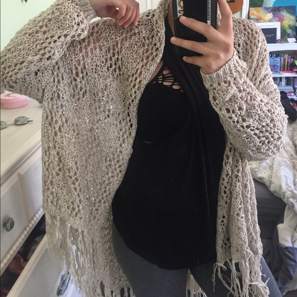 Beige knit fringe cardigan - Picture 1 of 2