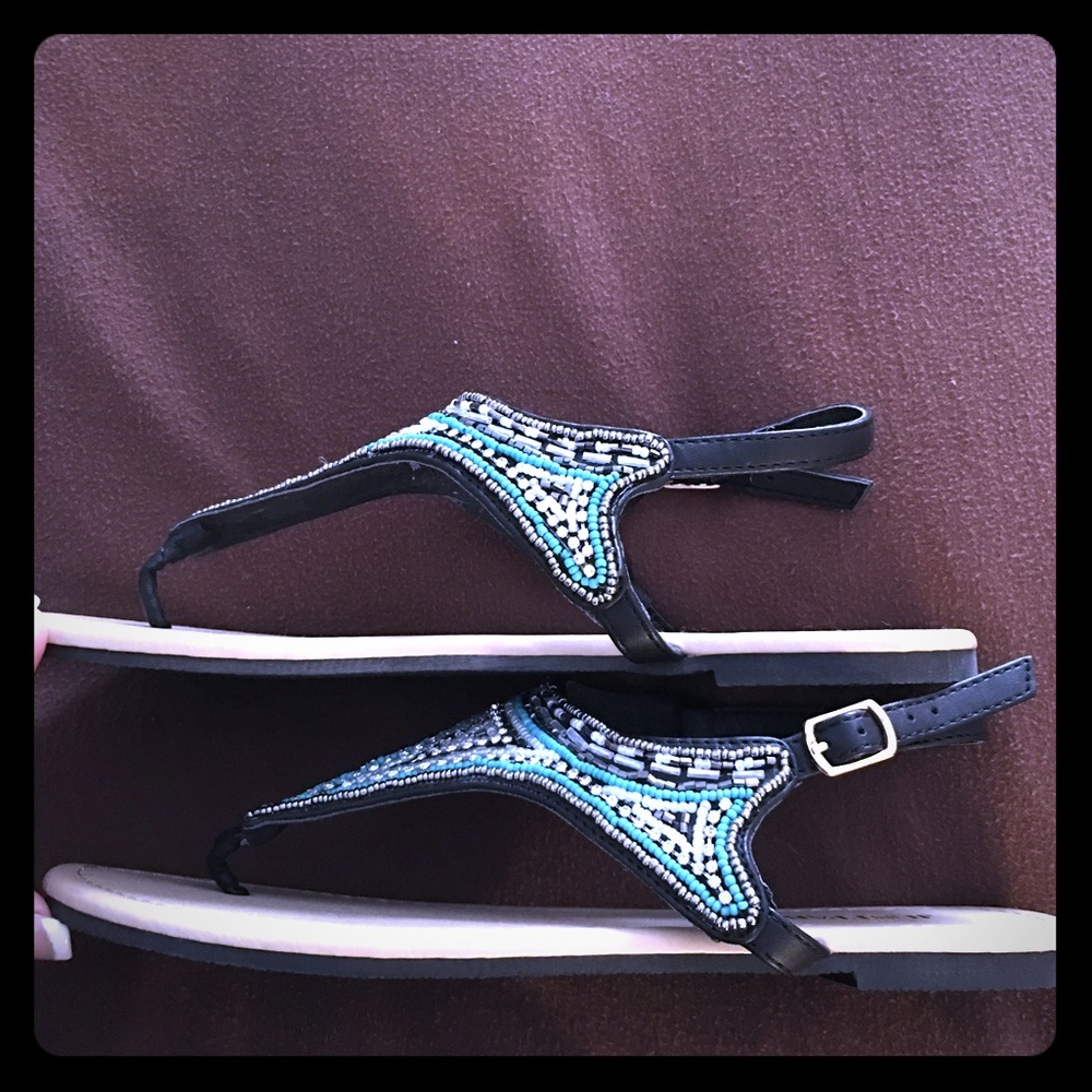 Just Fab Beaded Jeweled Sandals Flats Black 8 NEW