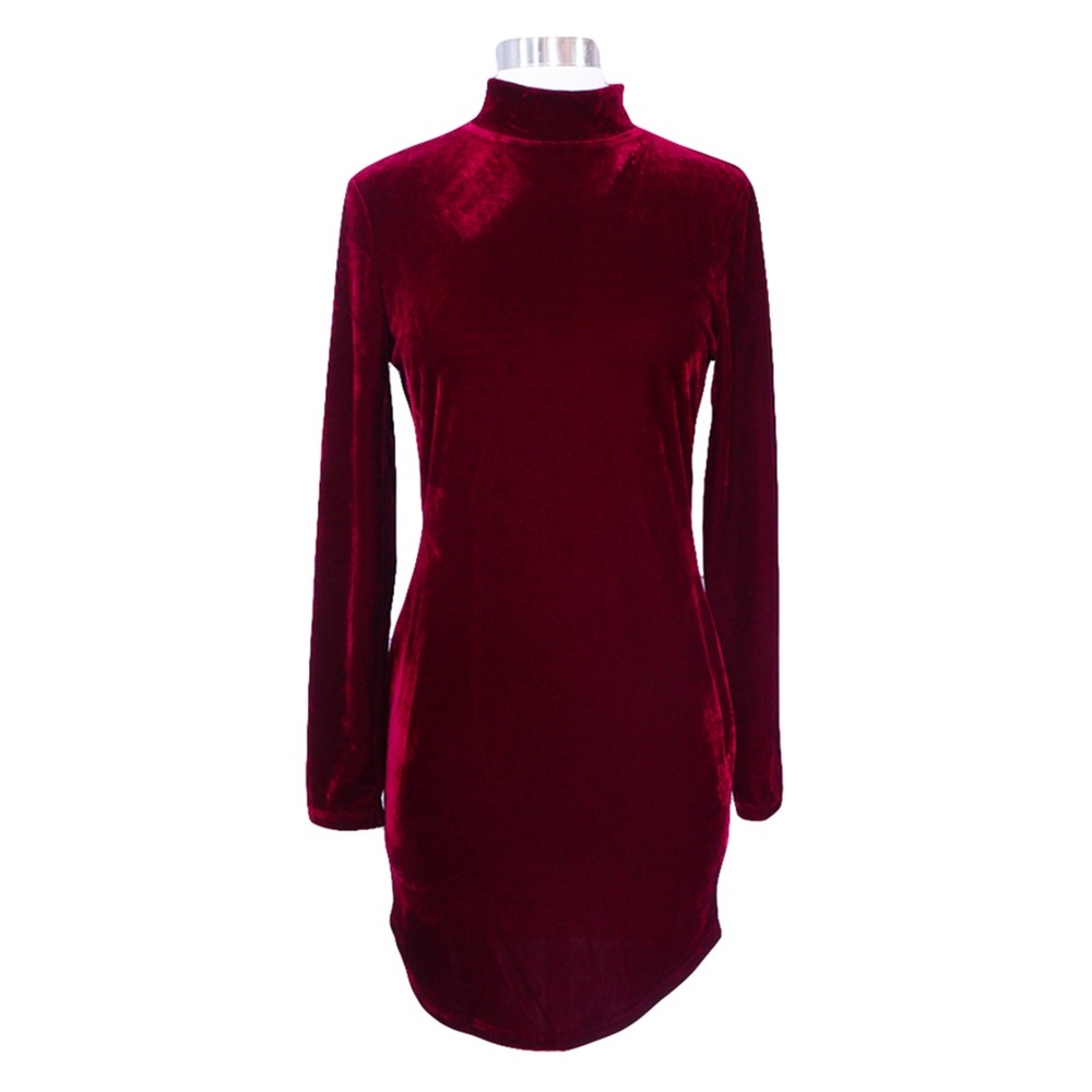 Burgundy Red High Neck Bodycon Velvet Dress - Picture 5 of 7