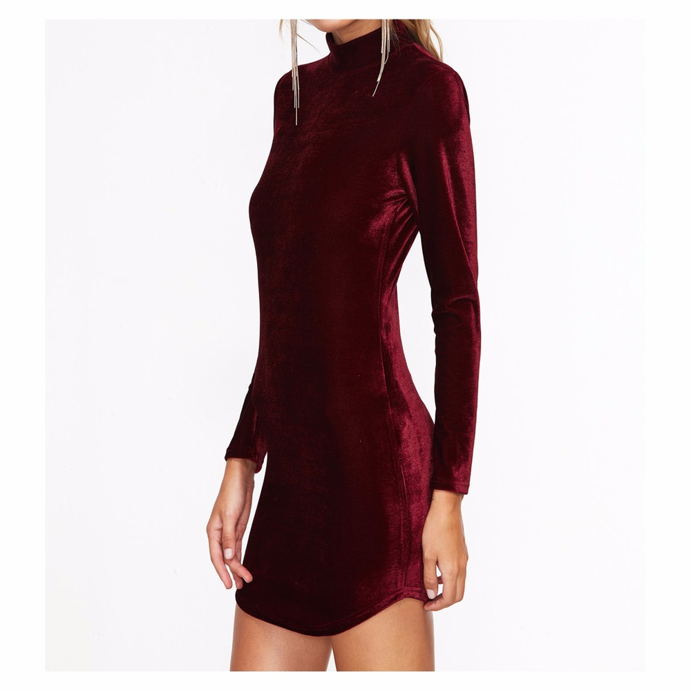 Burgundy Red High Neck Bodycon Velvet Dress - Picture 2 of 7