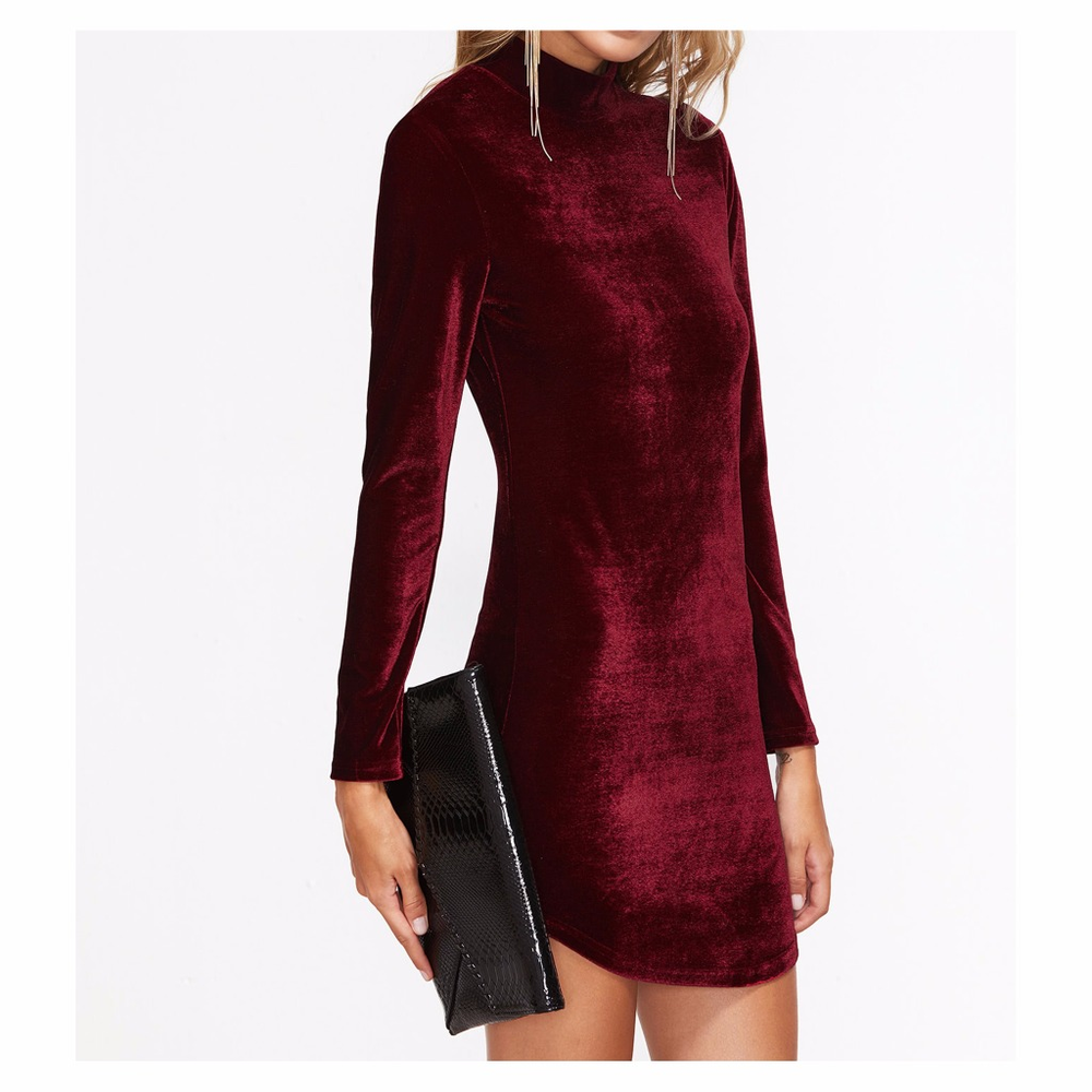 Burgundy Red High Neck Bodycon Velvet Dress - Picture 4 of 7