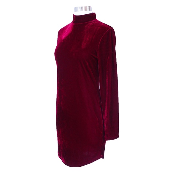 Burgundy Red High Neck Bodycon Velvet Dress - Picture 6 of 7