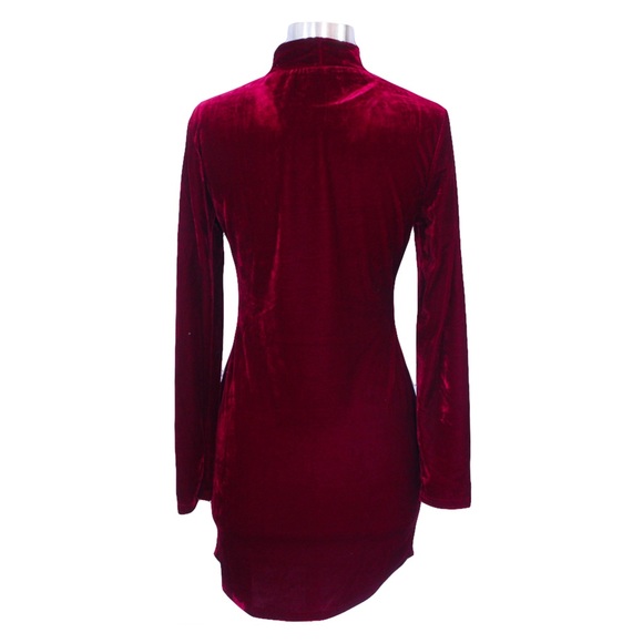 Burgundy Red High Neck Bodycon Velvet Dress - Picture 7 of 7