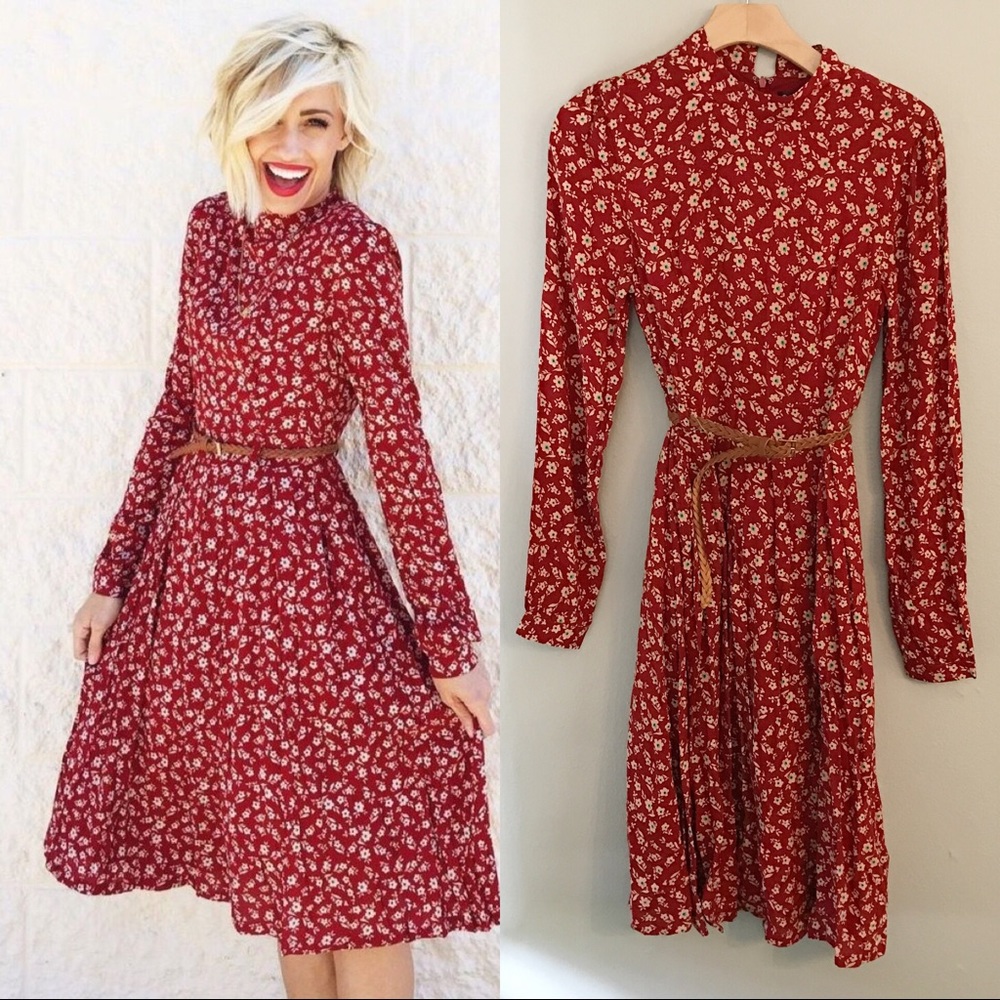 Fall Floral Red Dress
