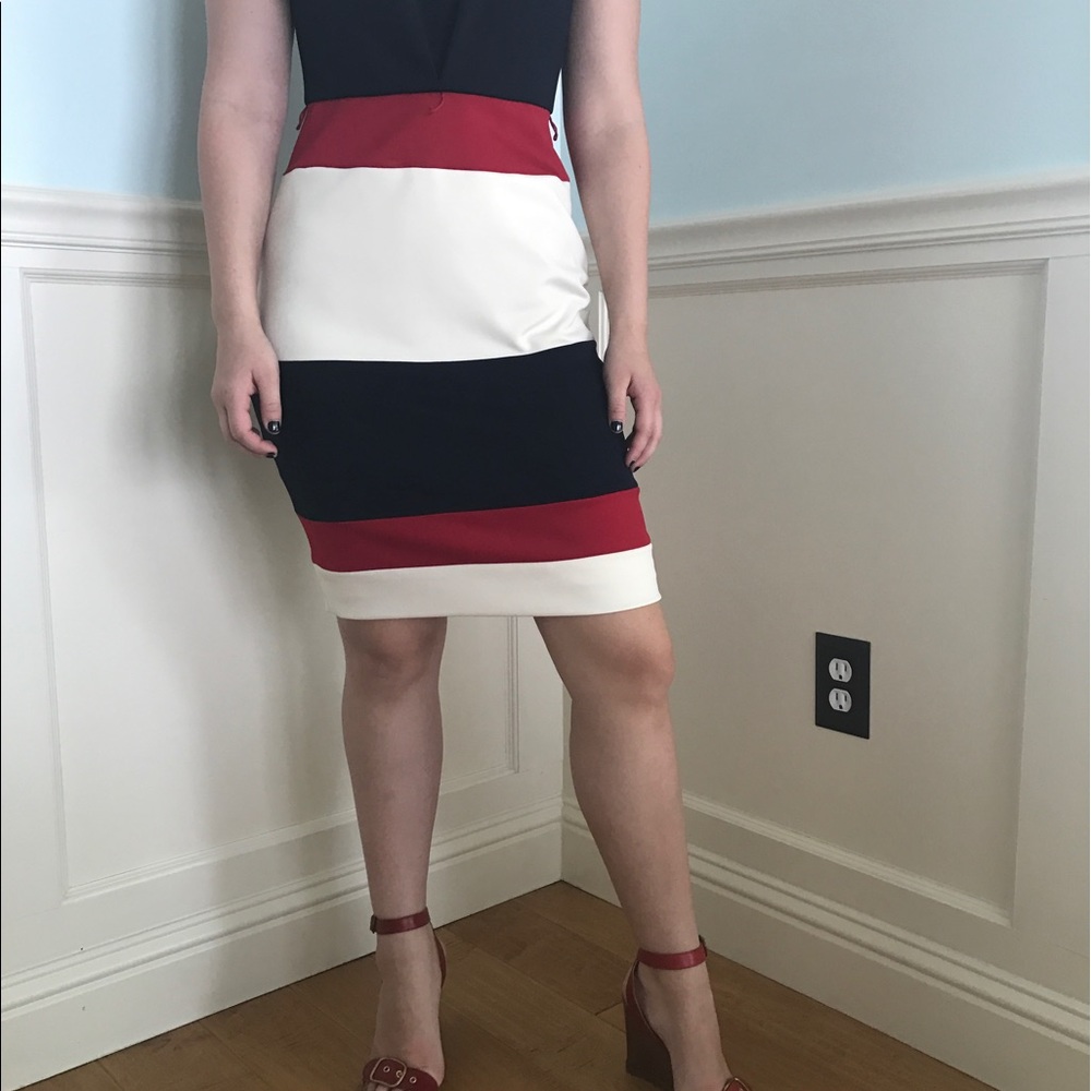 MAGGY LONDON cream, red, navy striped dress.