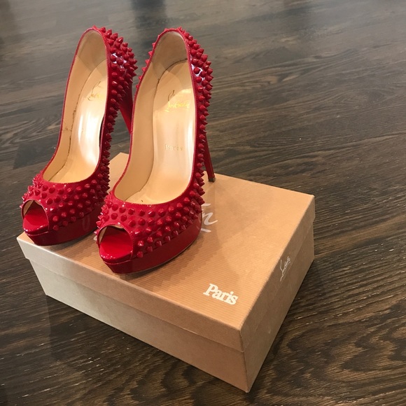 Patent Lady Peep Red Spiked Christian Loubiton - Picture 1 of 4