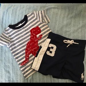 Joe Fresh dinosaur shirt & Polo by RL swim shorts