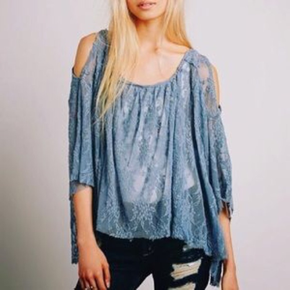 Free People blue lace top w/ open shoulders