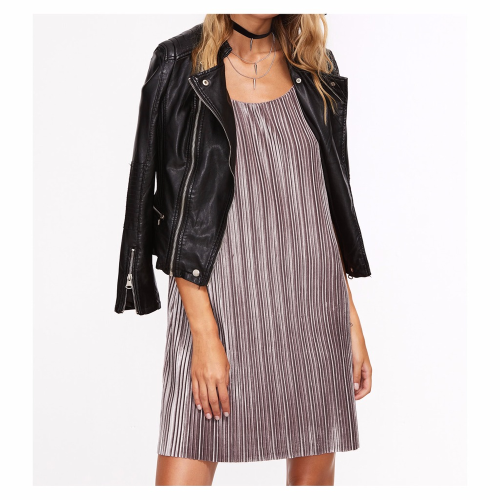 Grey Velvet Pleated Slip Dress - Picture 2 of 7