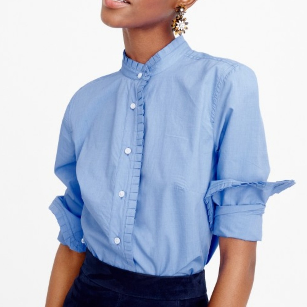 Jcrew Blue Ruffle Button Down