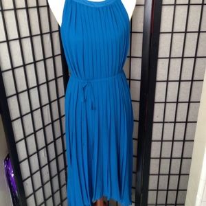 Deep Blue Pleated halter neck hi low dress
