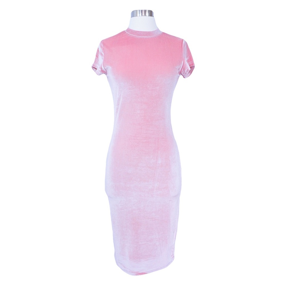 Blush Pink Short Sleeve Bodycon Midi Velvet Dress - Picture 5 of 7