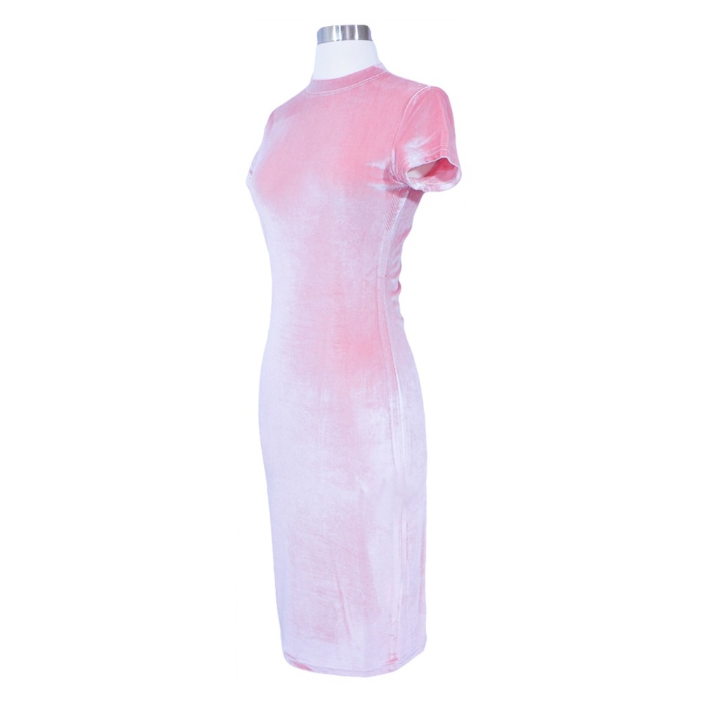 Blush Pink Short Sleeve Bodycon Midi Velvet Dress - Picture 6 of 7