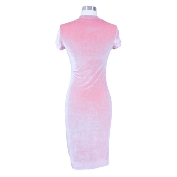 Blush Pink Short Sleeve Bodycon Midi Velvet Dress - Picture 7 of 7