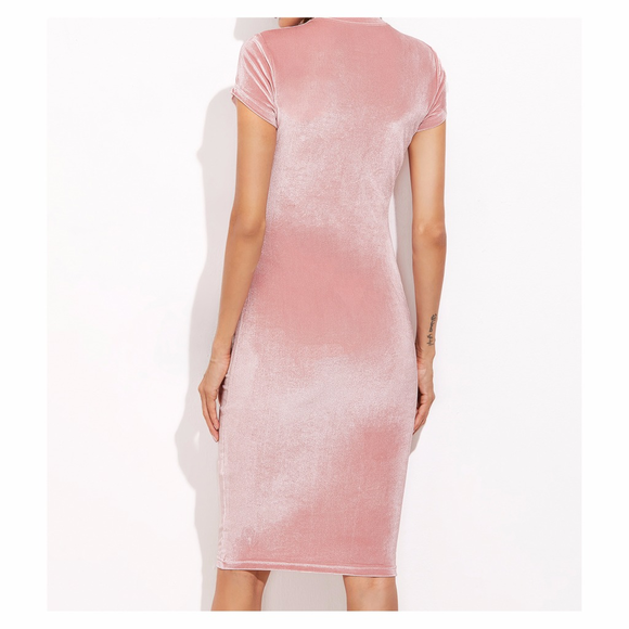 Blush Pink Short Sleeve Bodycon Midi Velvet Dress - Picture 3 of 7