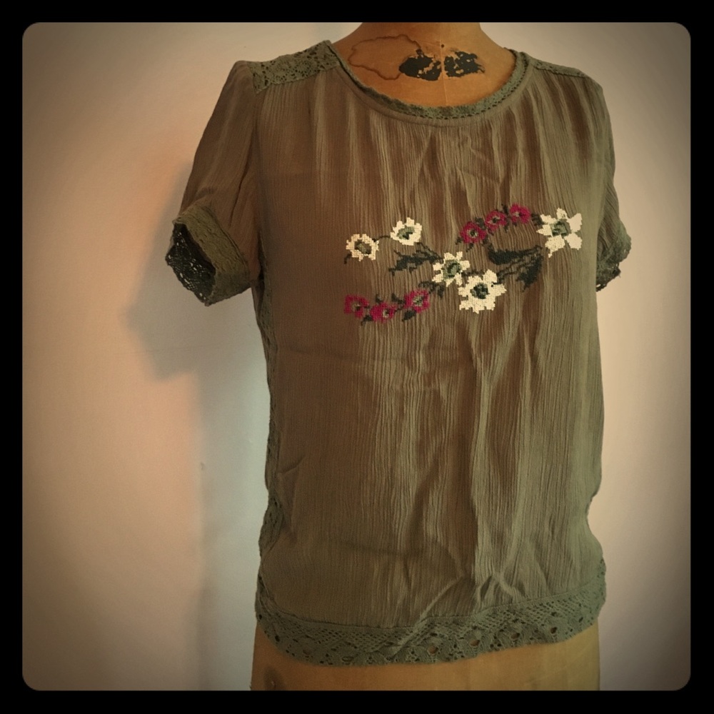 Free People Embroidered Button Back Blouse