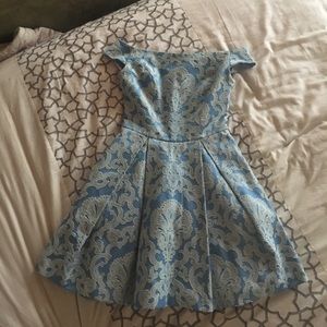 Topshop Brocade Off The Shoulder Dress Blue