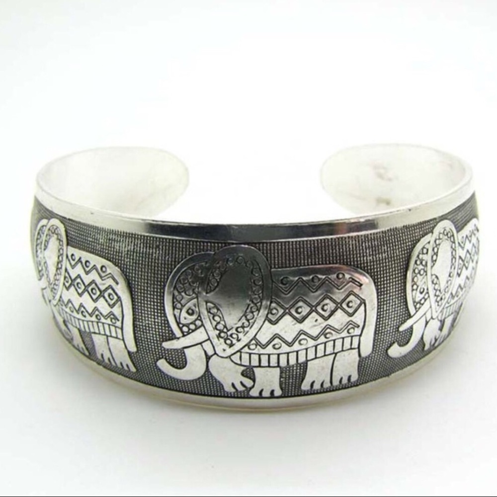 Elephant Tibetan Silver Totem Bangle Cuff Bracelet