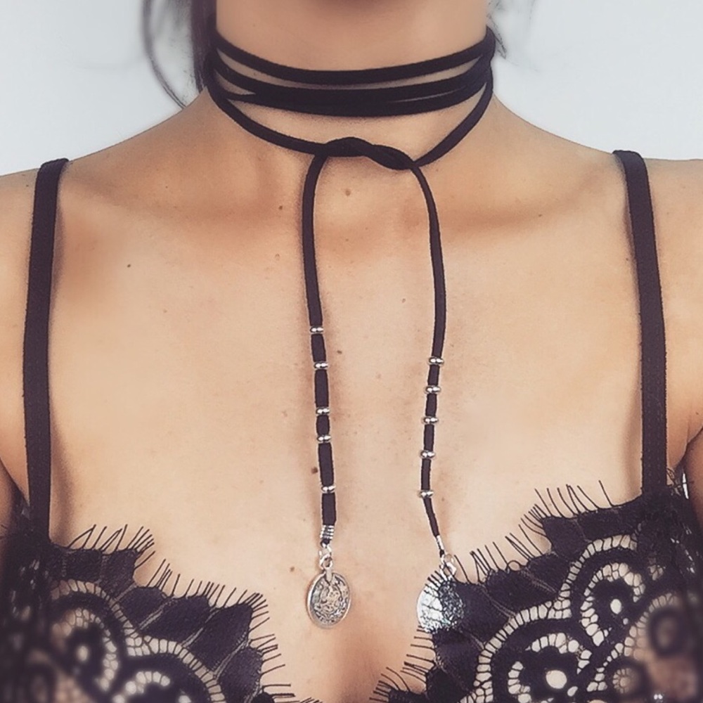 Black Boho Wrap Choker With Silver Charms - Picture 2 of 2