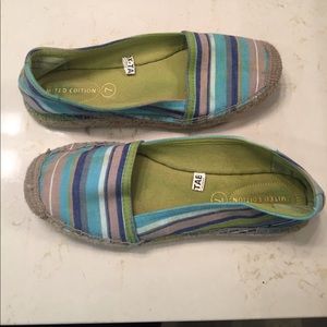 Green blue and tan stripped flats