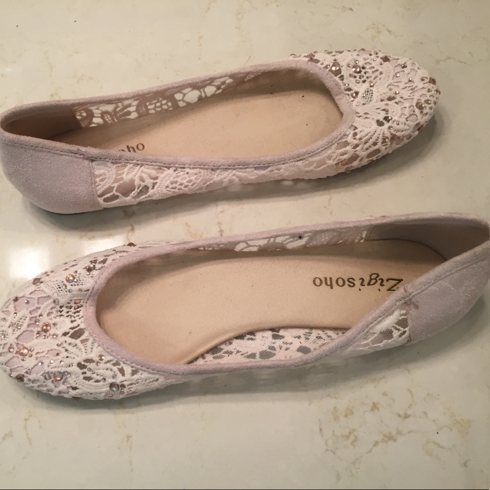 Cream lace flats with rose gold rinestones
