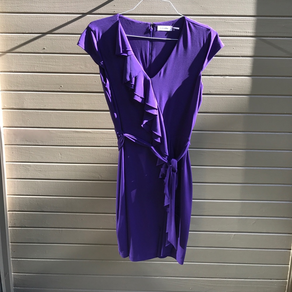 Calvin Klein Belted Ruffle Front Purple Dress