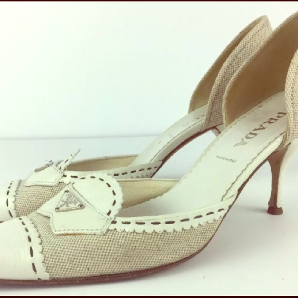 Prada High Heel 38.5 White Leather Canvas Pump 8.5