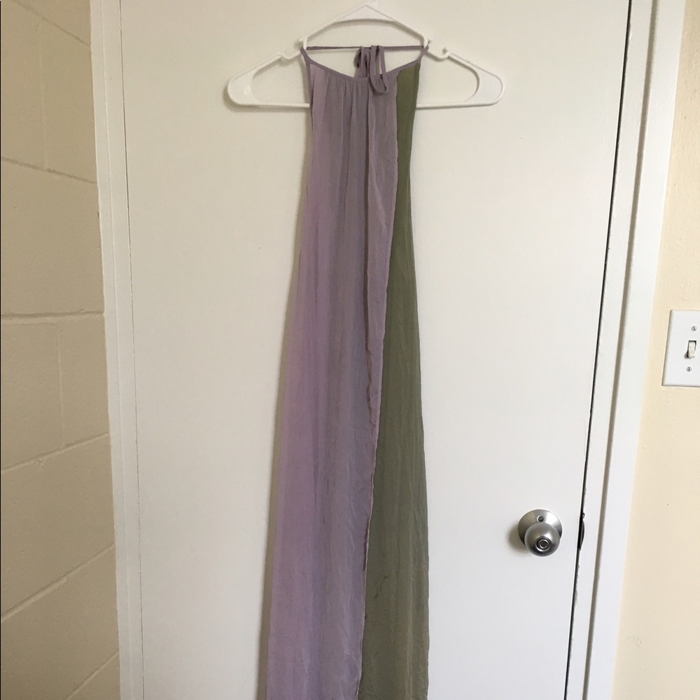 Purple and green halter dress with plunging back