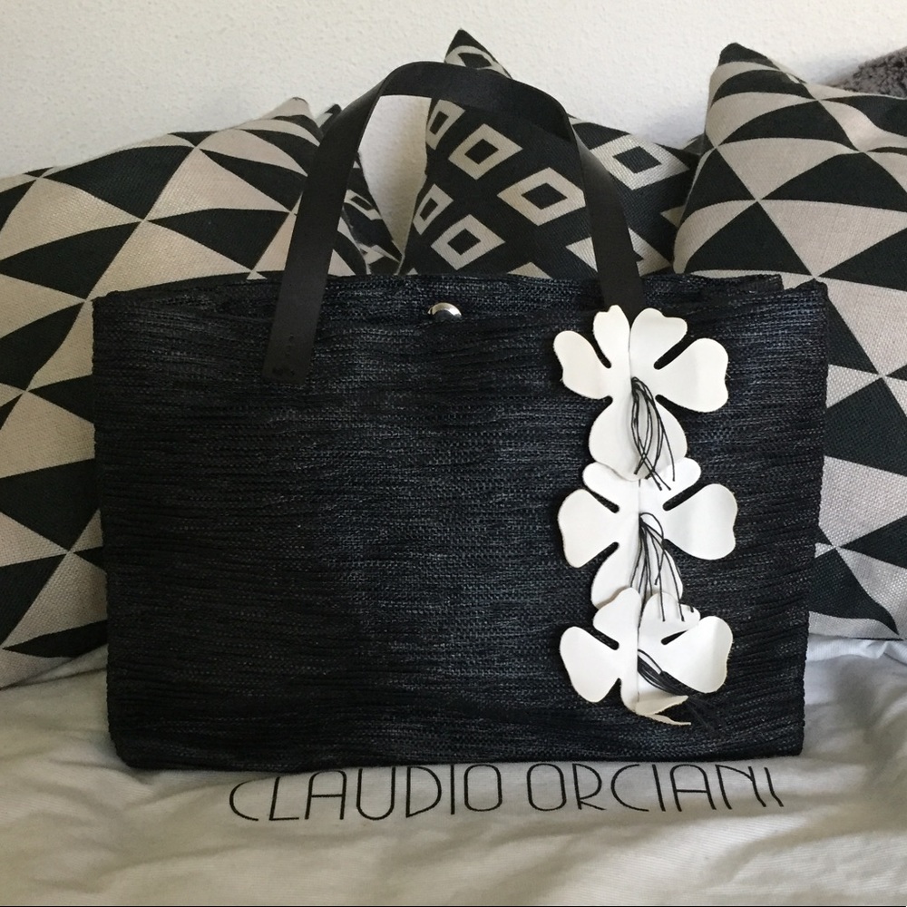 Claudio Orciani Woven Black Flowers Bag Tote dust
