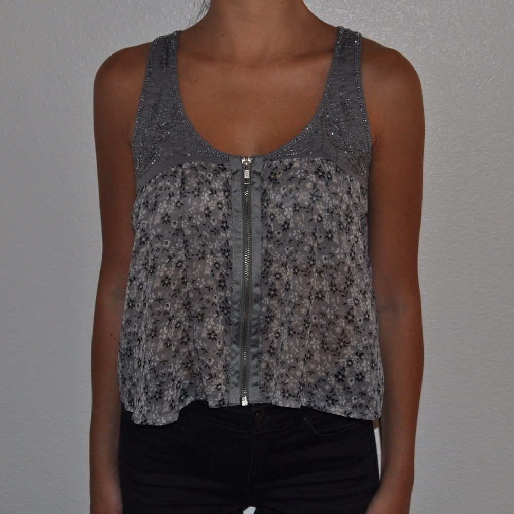 Gray Zip Up Tank Top with Flower Pattern