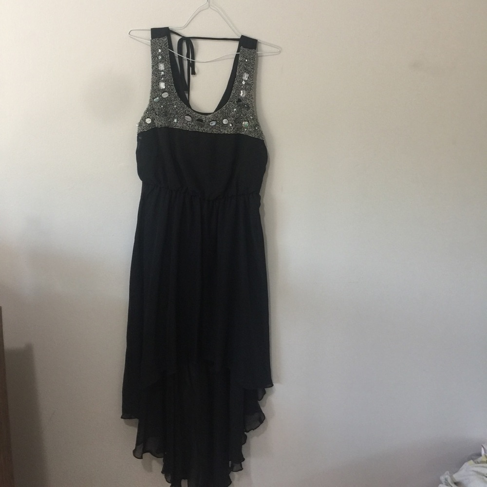 Black hi low dress with sparkly embellishments