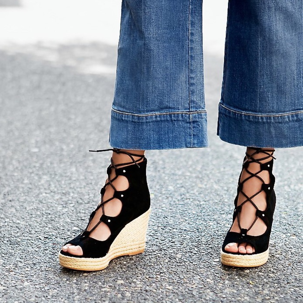 Nude Free People Boho Lace Up Platform Wedge - Picture 4 of 5