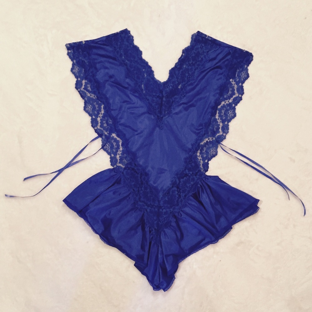 Electric Blue Side-Tie V-neck Lace Silk Romper - M