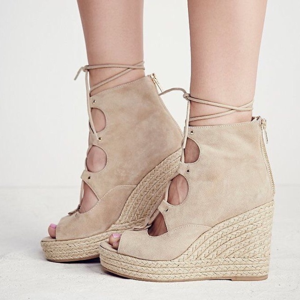 Nude Lace Up Boho Wedge Sandal