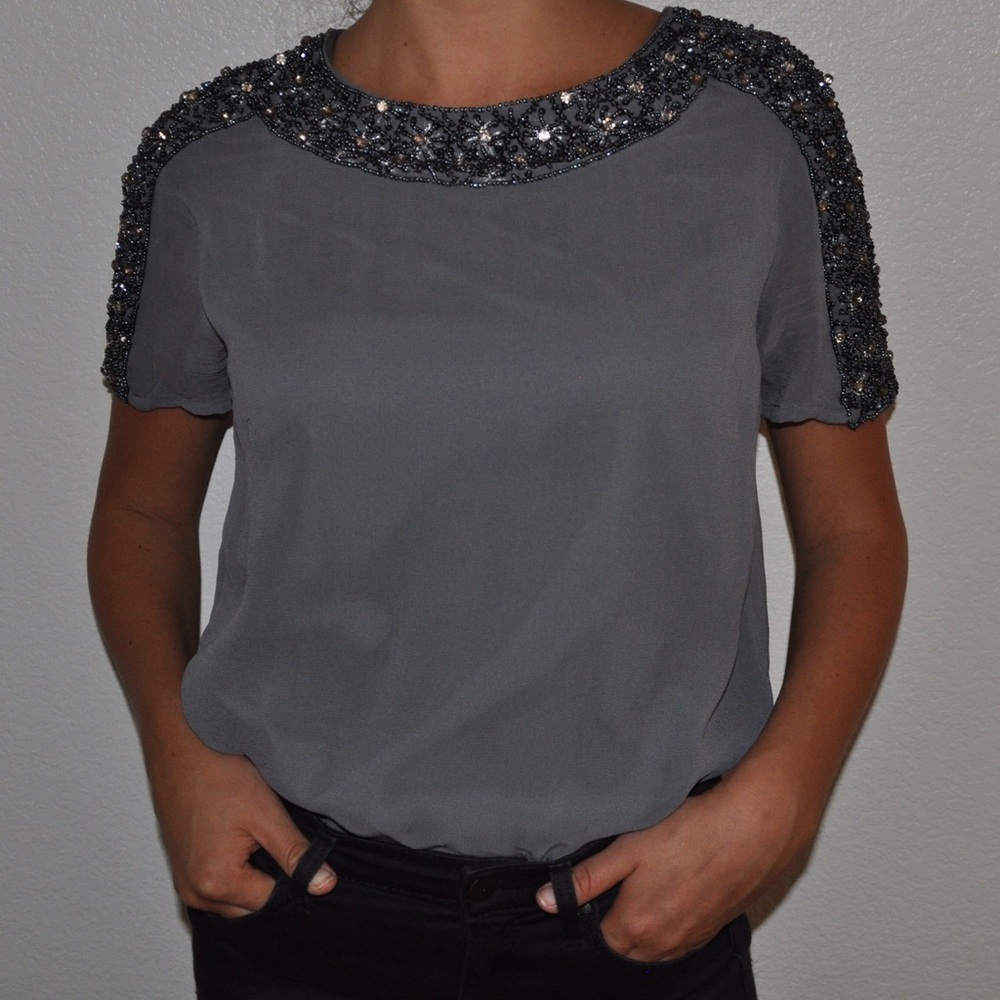 Gray sequin trim dress shirt