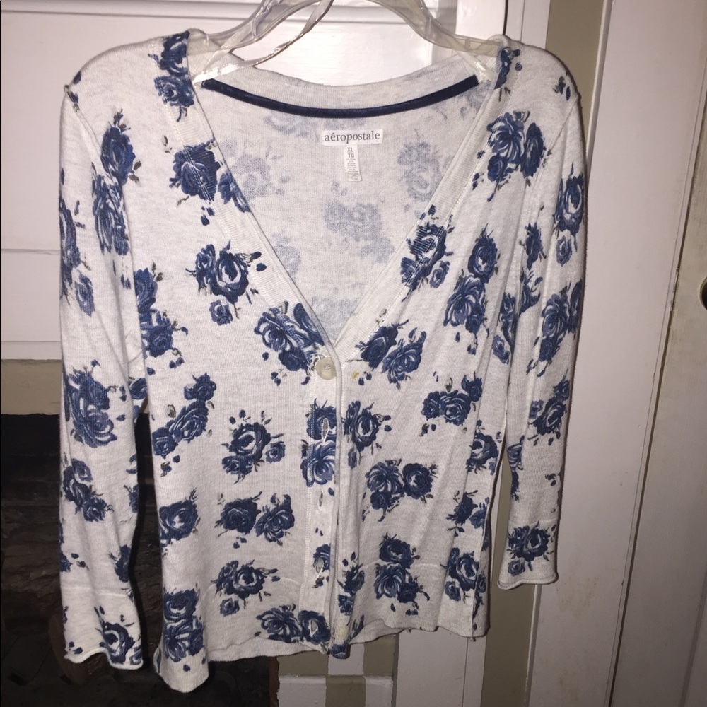 Women's off white cardigan with blue flowers